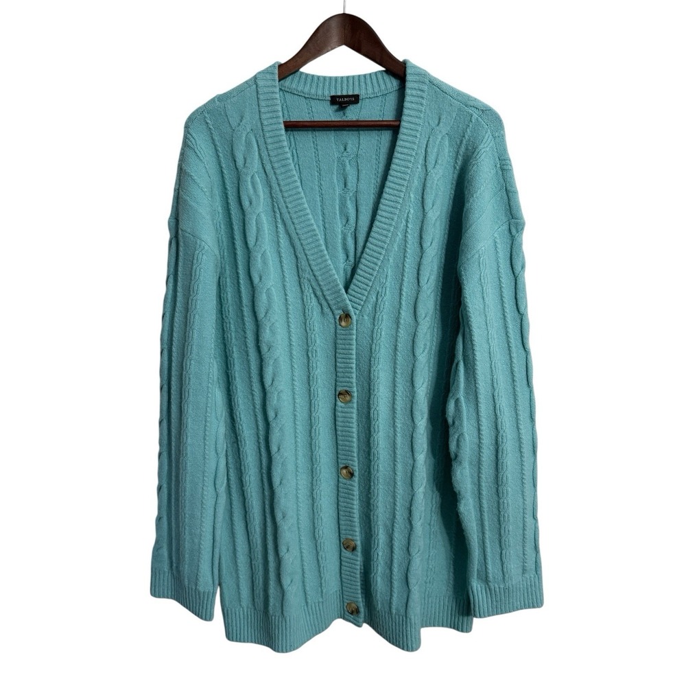 Talbots cable knit cardigan sweater womens XL aqua wool blend spring chunky work